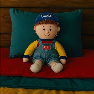 Vintage Eden Toys OshKosh B’gosh Plush Doll Boy w/ Hat & Overalls 1990s 14” VTG